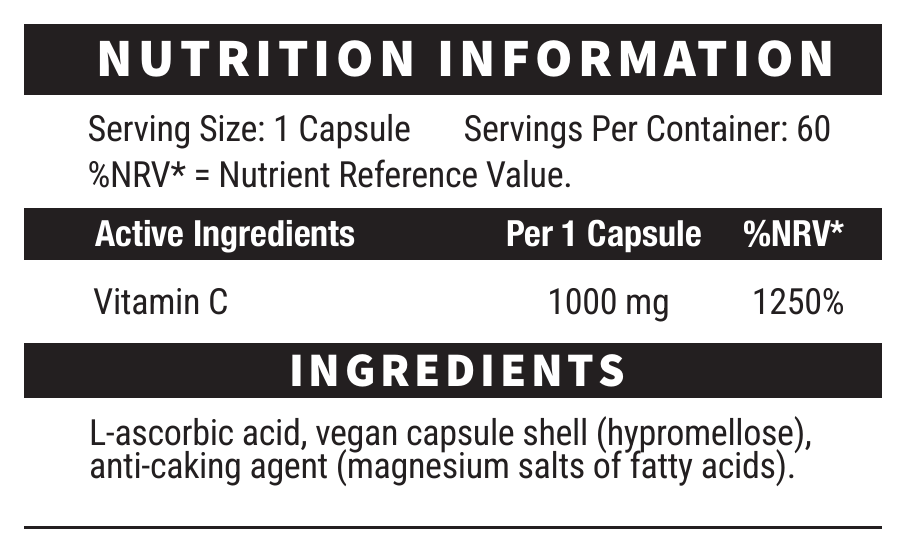 Vitamin C 1000mg official supplement facts and ingredient label panel