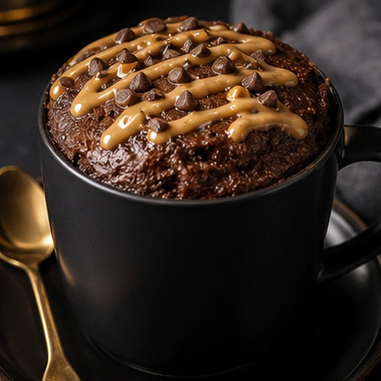 Protein mug cake with Black Amber Whey icing drizzle