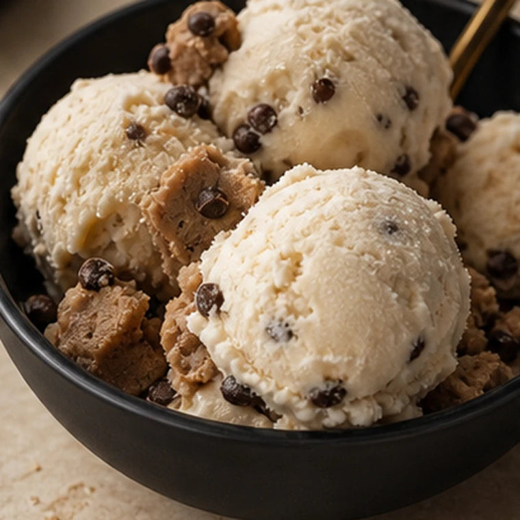 Protein ice cream with Black Amber Whey and cookie dough chunks
