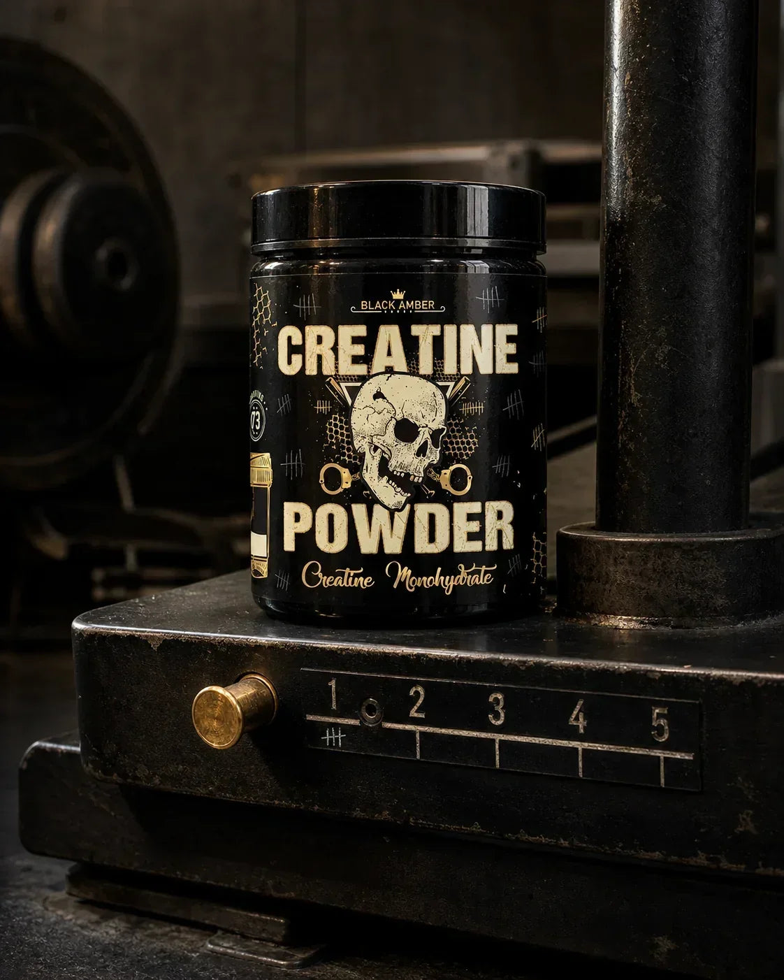 Black Amber creatine monohydrate tub on a steel training platform