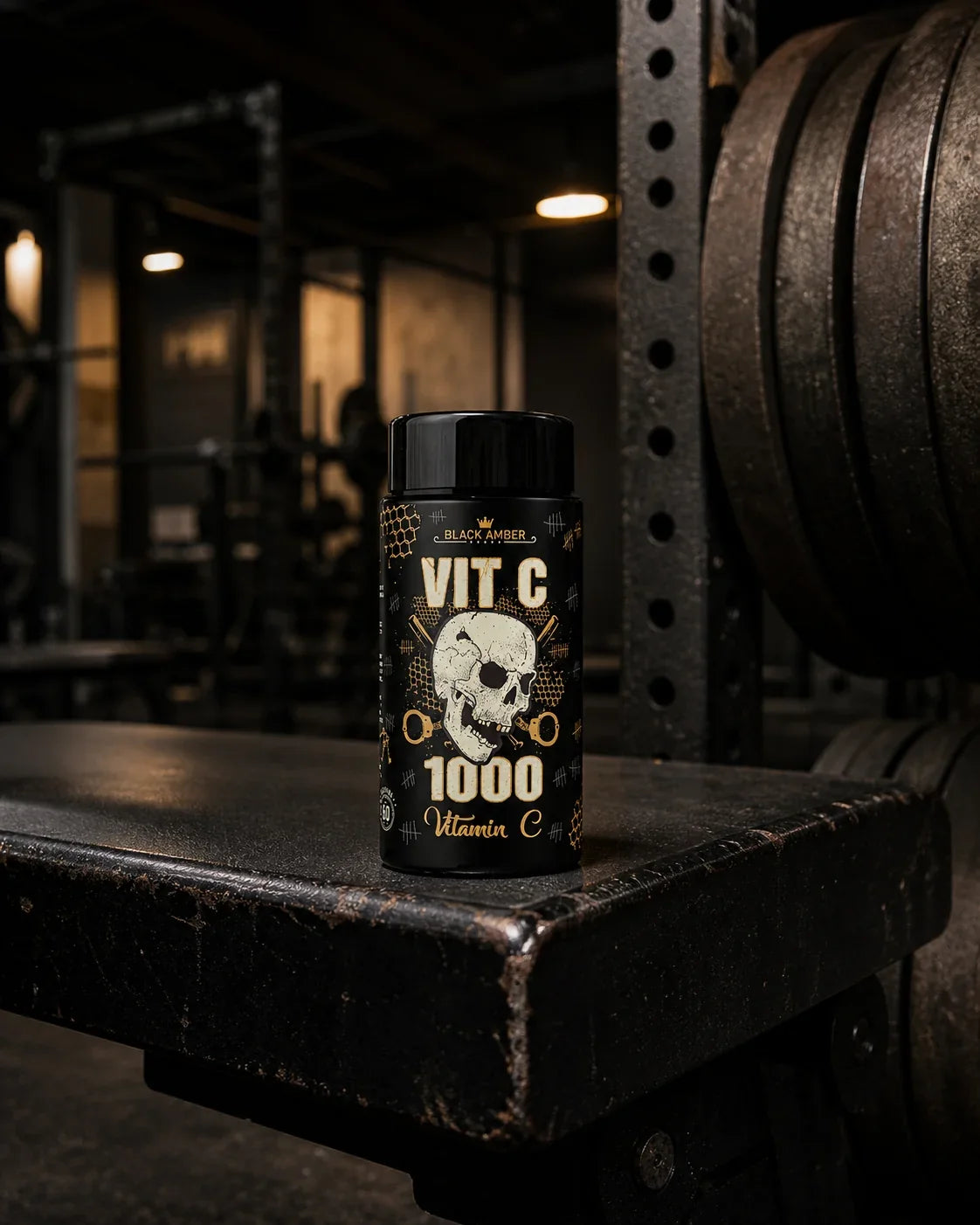 Black Amber Vitamin C 1000 bottle on a weight-training bench