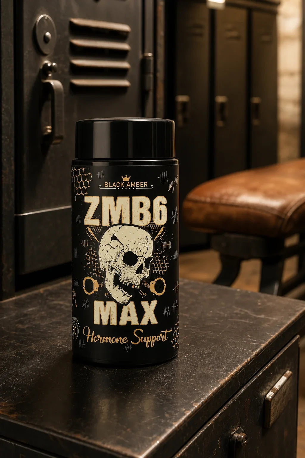 Black Amber ZMB6 Max bottle on a secure locker shelf
