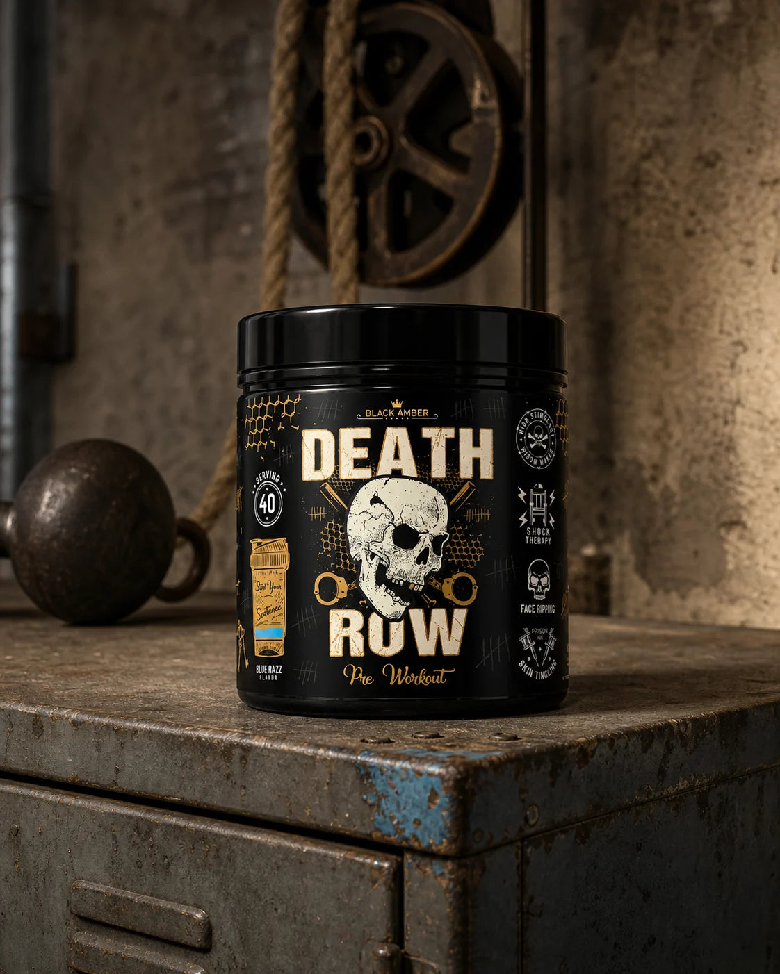 Black Amber Death Row Blue Razz pre-workout tub on a worn steel locker beneath an iron pulley