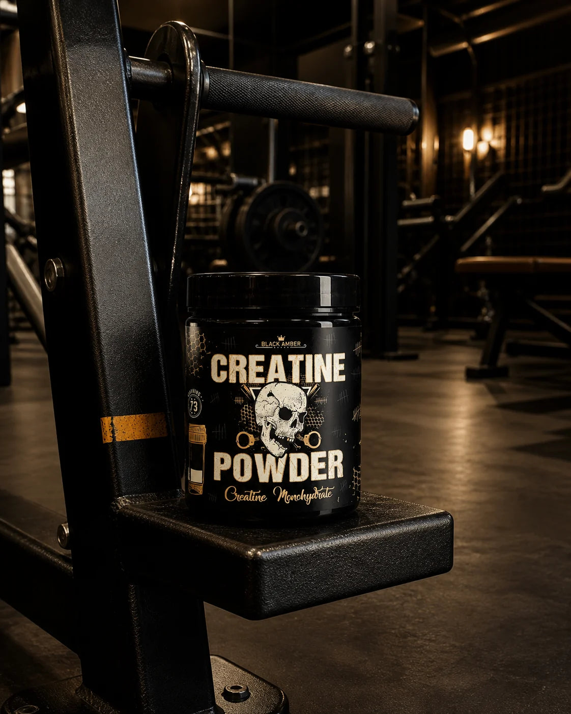 Black Amber Creatine Powder tub on a dip-station step beneath steel exercise handles