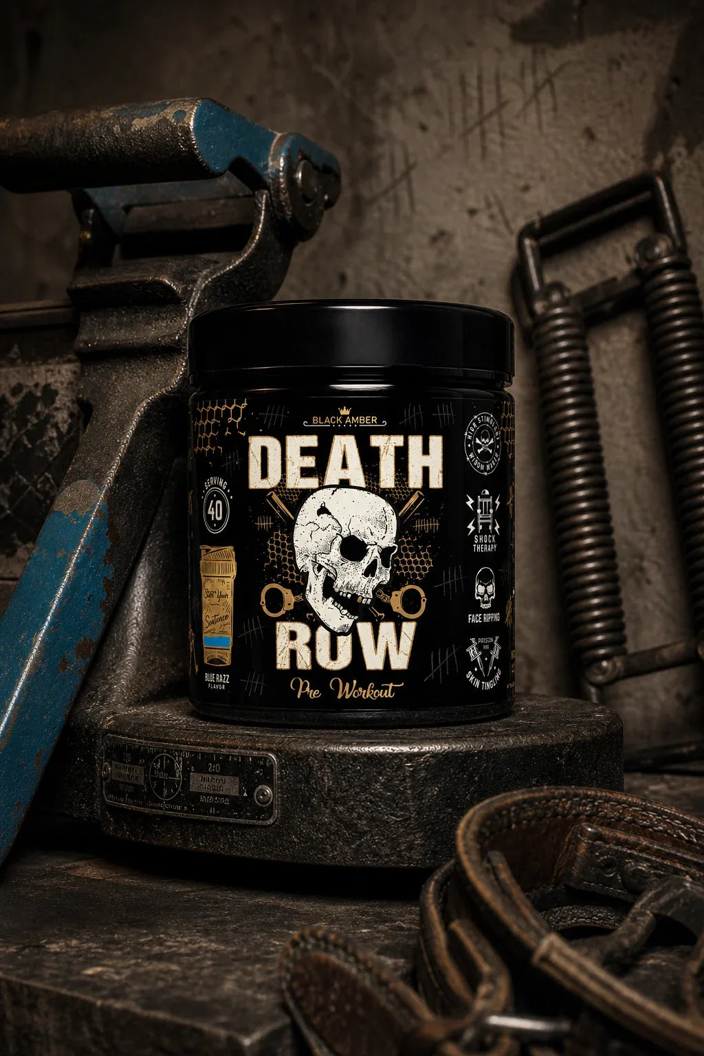 Black Amber Death Row Blue Razz pre-workout tub beside worn gym grip equipment
