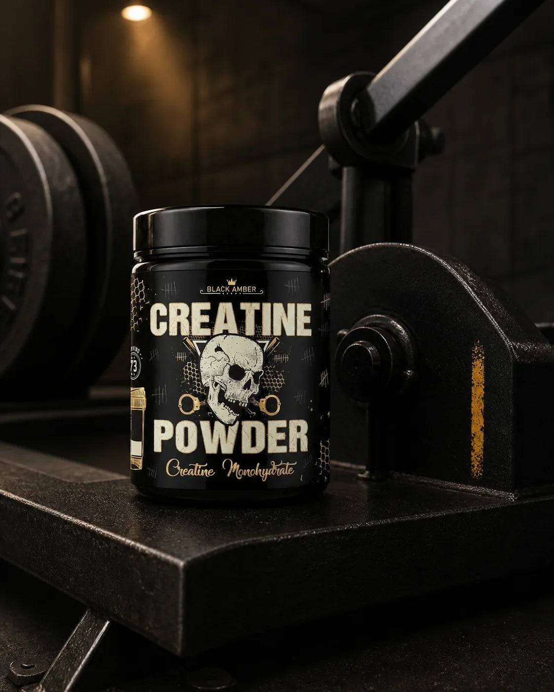 Black Amber Creatine Powder tub on a worn pendulum-squat footplate beside iron weights