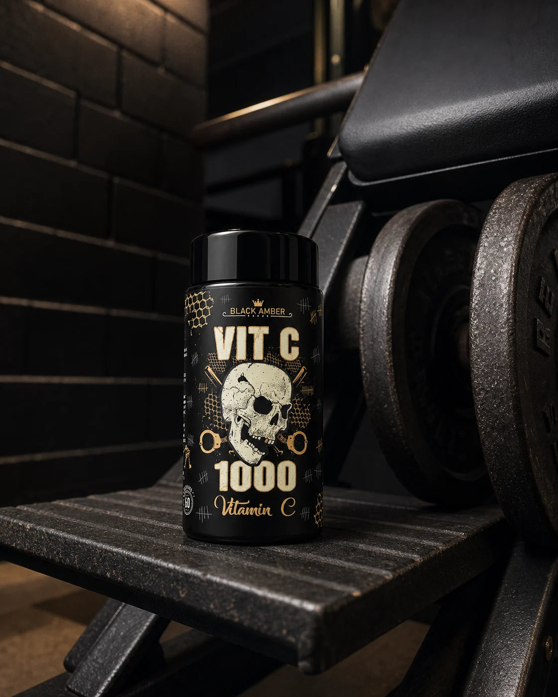 Black Amber Vitamin C 1000 bottle on a leg-press platform beside its padded seat and weight plates