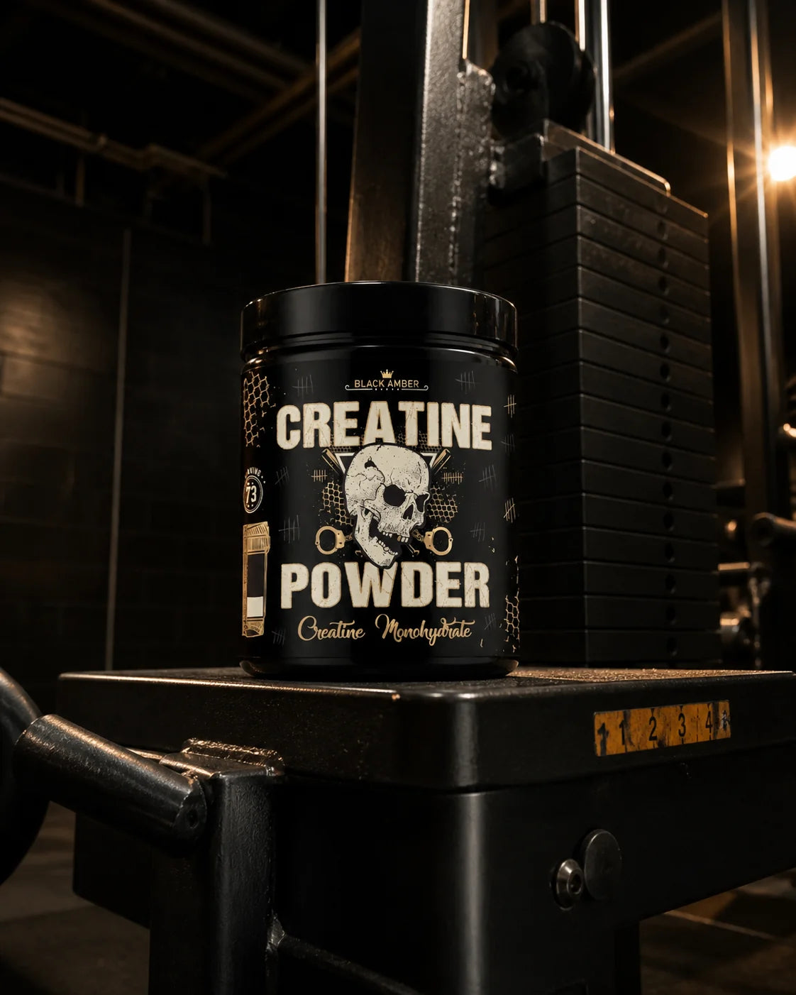 Black Amber Creatine Powder tub on a cable-row carriage beside a steel rowing handle