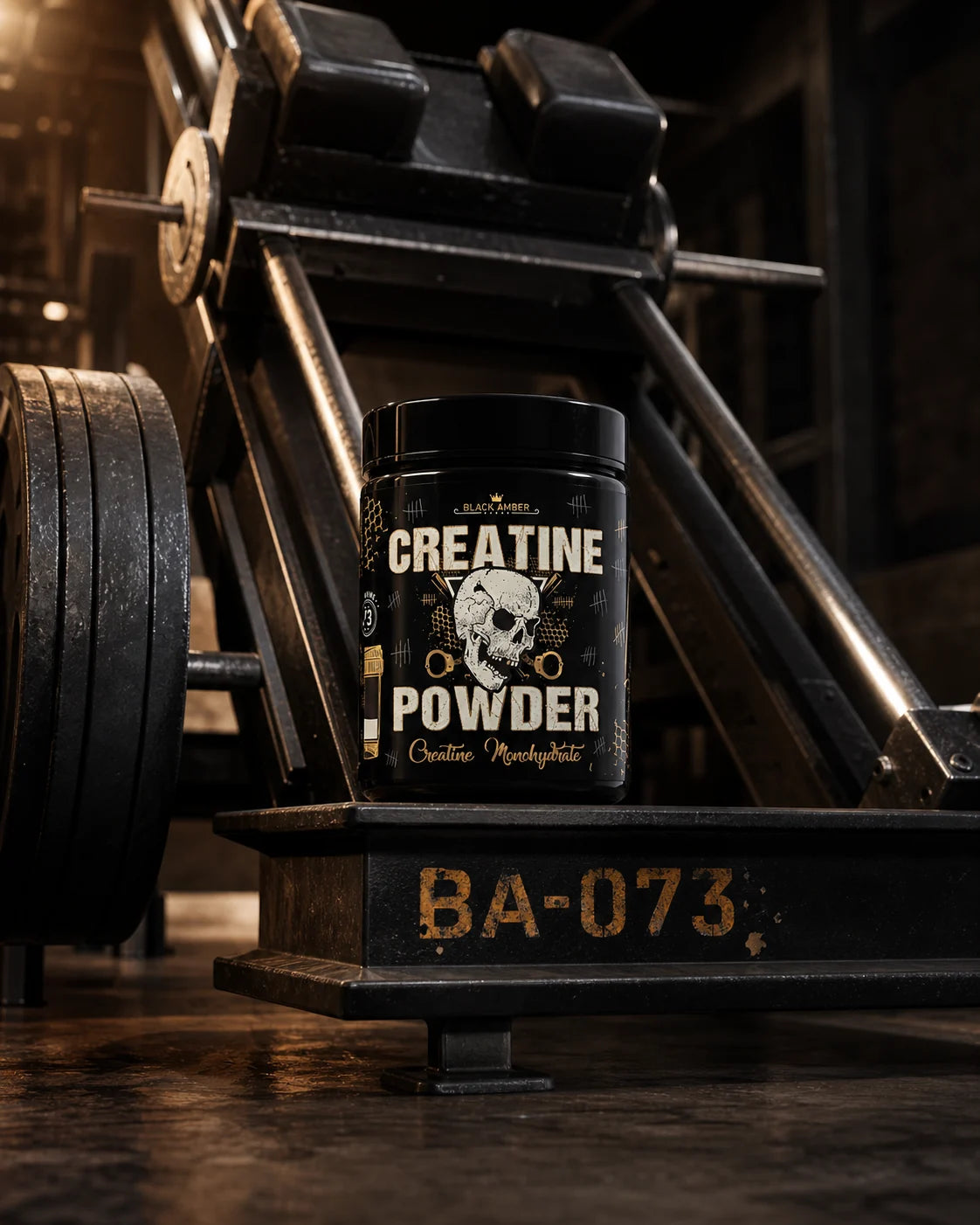 Black Amber Creatine Powder tub on the steel base of a hack-squat machine