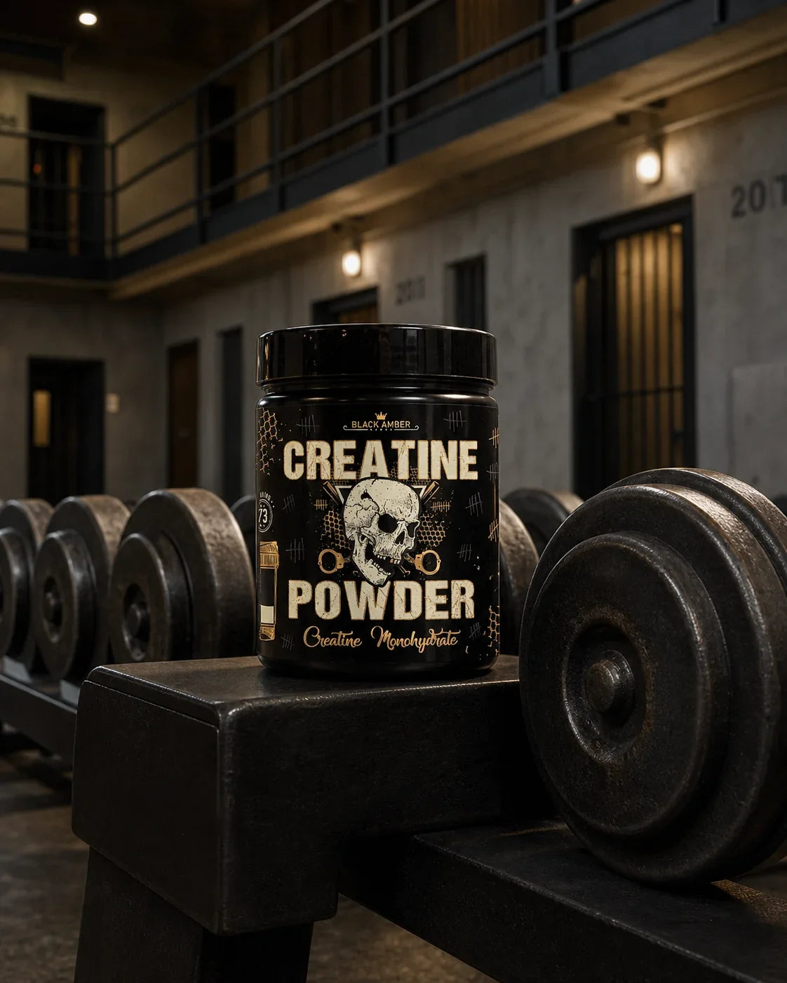 Black Amber Creatine Powder tub on an iron dumbbell rack in a barred training hall