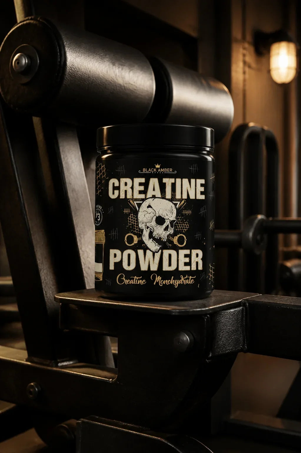 Black Amber Creatine Monohydrate tub on a reverse-hyper machine ledge in a dark gym