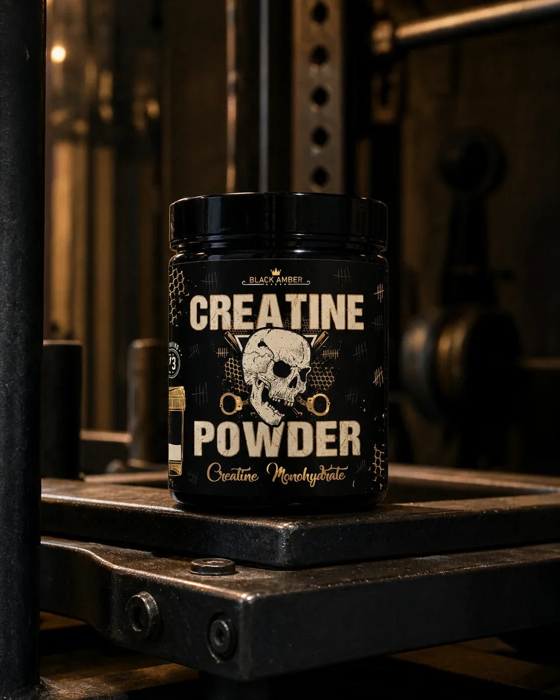 Black Amber Creatine Monohydrate tub on a steel prowler crossbar