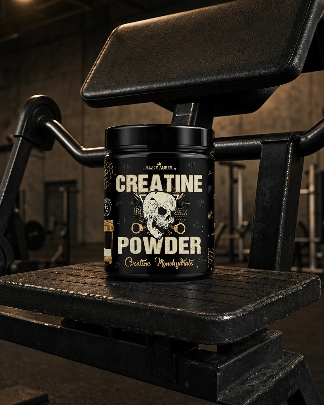 Black Amber Creatine Powder tub on a worn preacher-curl footplate beneath a black padded support