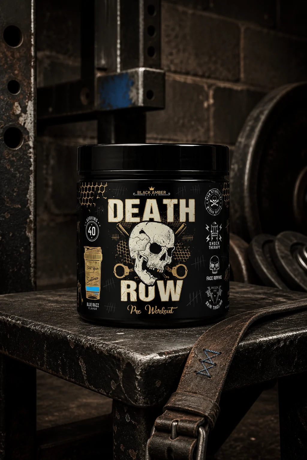 Black Amber Death Row Blue Razz pre-workout tub on a steel squat-rack platform