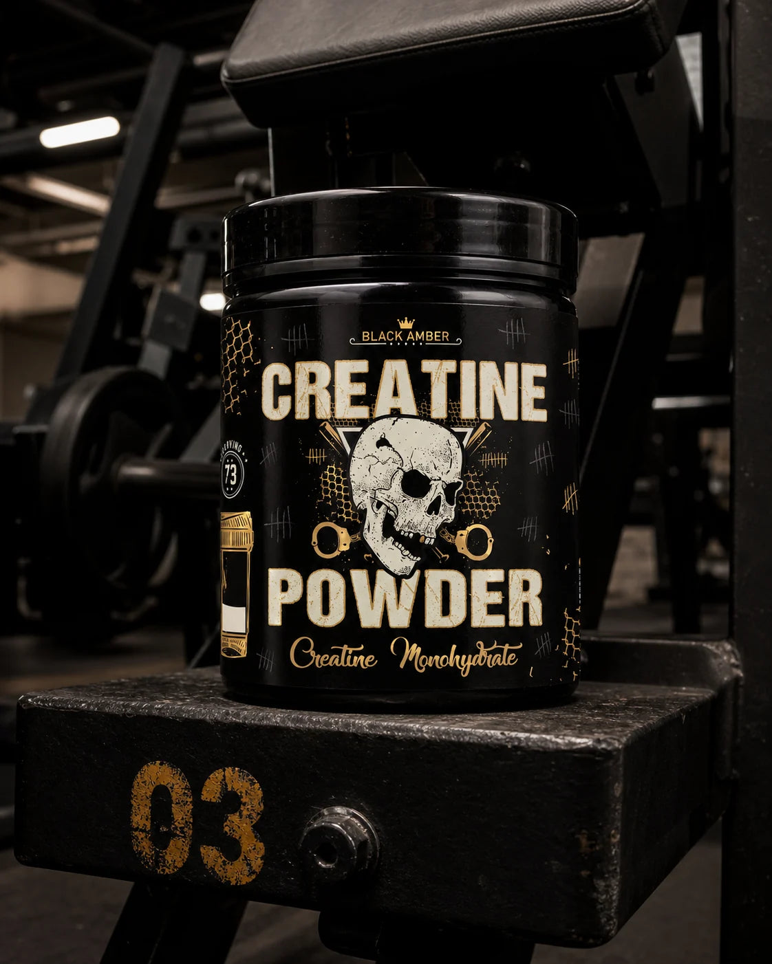 Black Amber Creatine Powder tub on a T-bar rowing machine footplate in an industrial gym