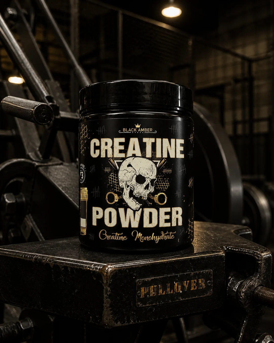 Black Amber creatine monohydrate tub on the housing of a pullover machine in a dark gym