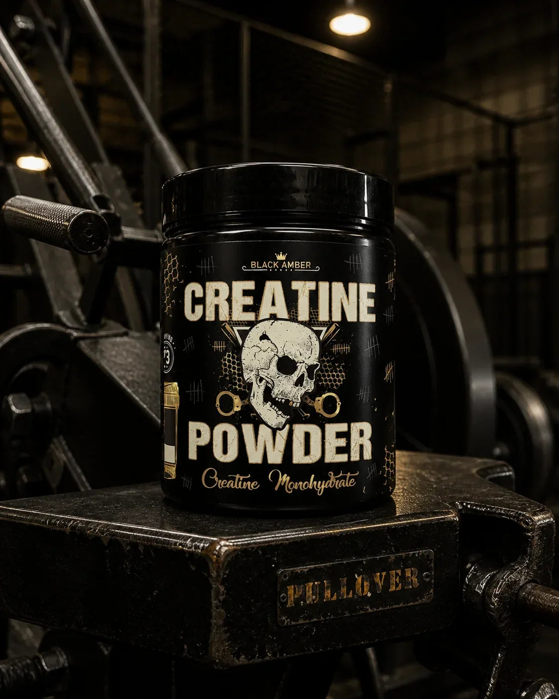 Black Amber Creatine Monohydrate tub on the steel housing of a pullover machine in a dark gym