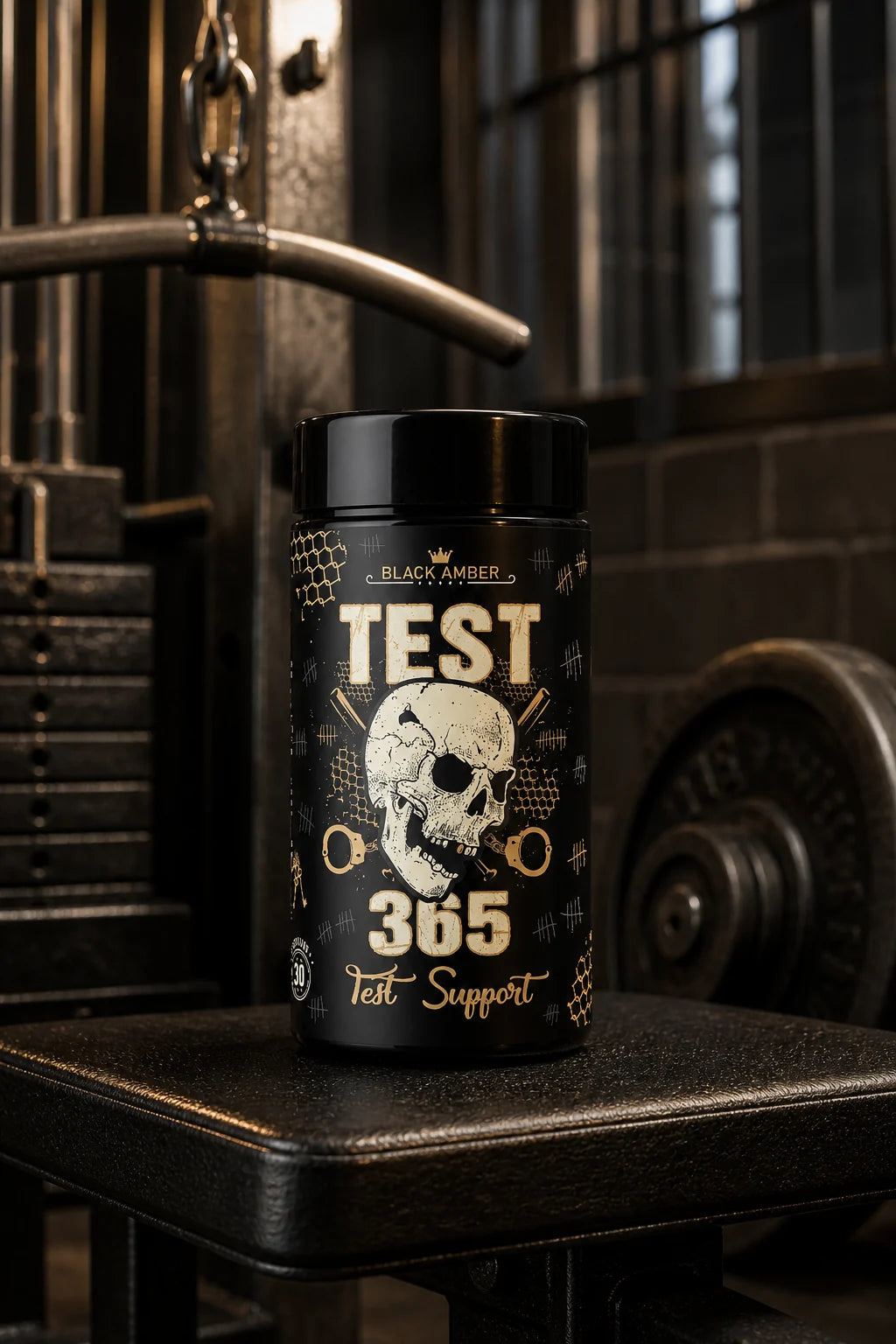 Black Amber Test 365 bottle on a padded lat-pulldown seat beneath a steel training bar