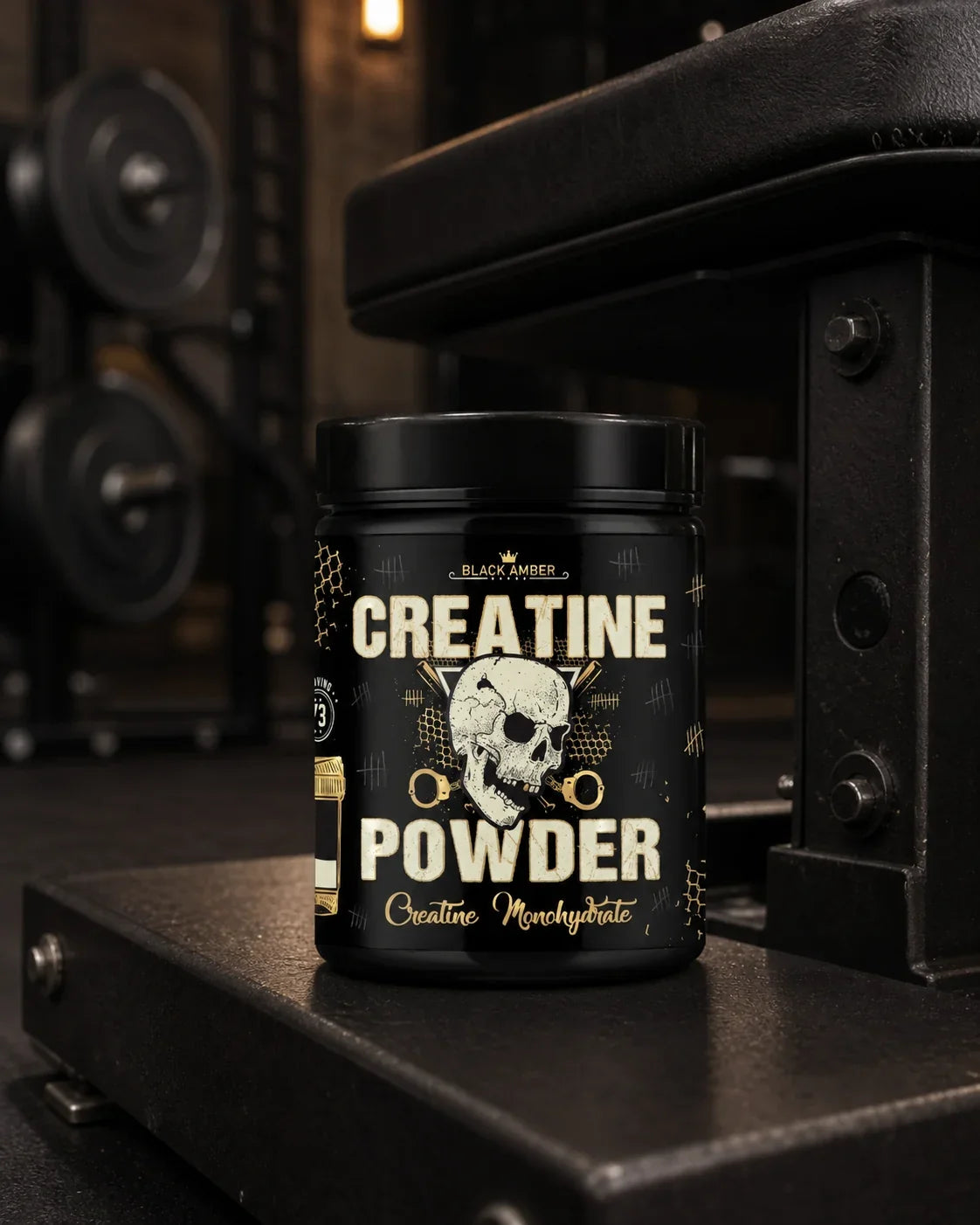 Black Amber Creatine Monohydrate tub on a gym bench spotter deck