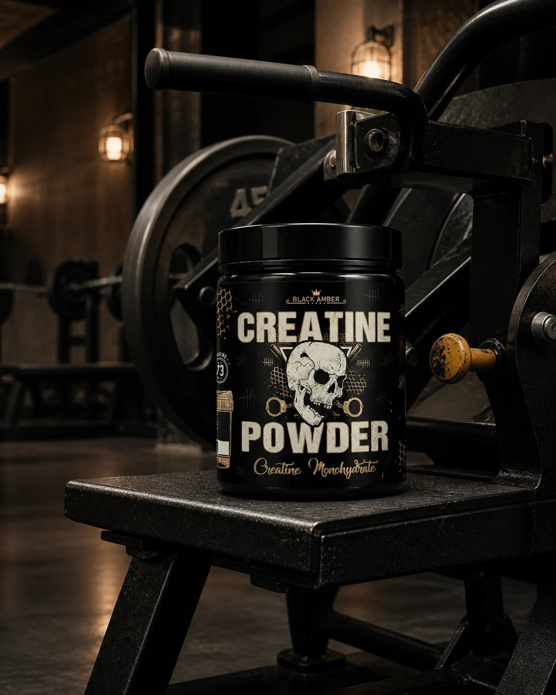Black Amber Creatine Powder tub on a plate-loaded rowing-machine platform under warm industrial lights