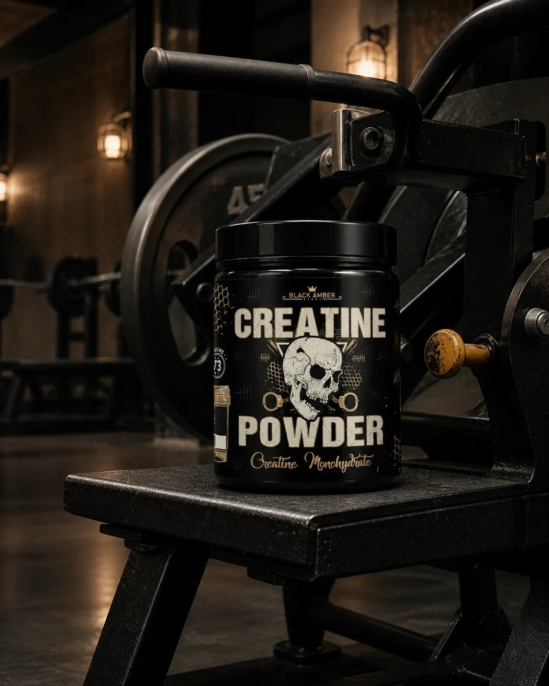 Black Amber Creatine Powder tub on the worn steel platform of a plate-loaded rowing machine