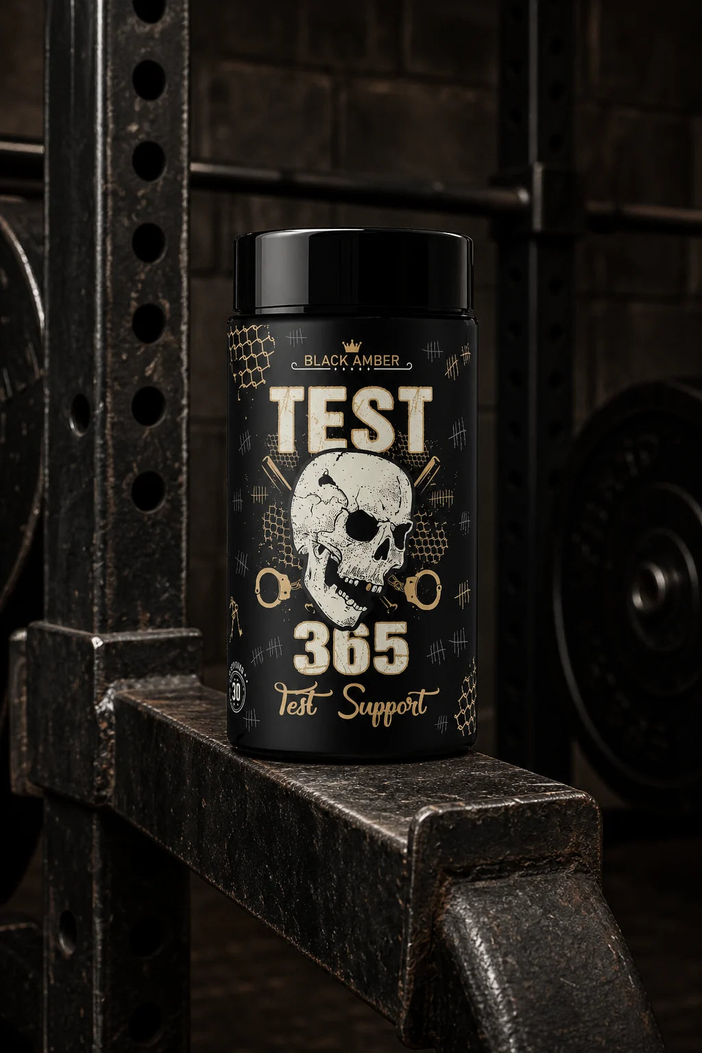 Black Amber Test 365 bottle standing on a worn steel safety arm inside a gym power rack