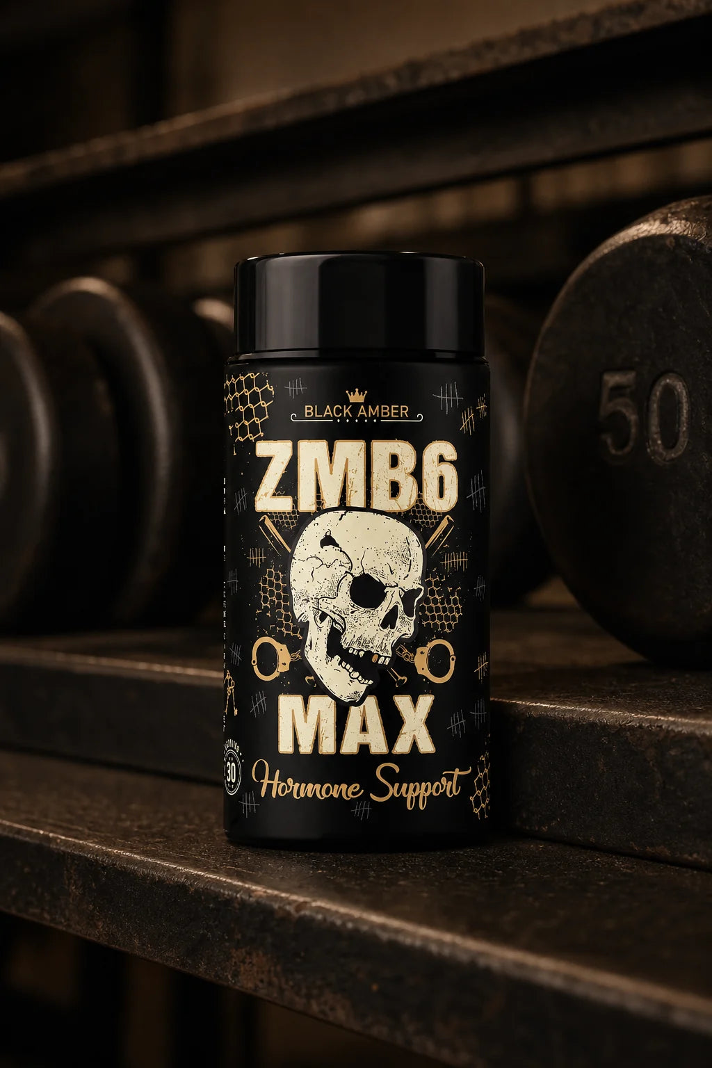 Black Amber ZMB6 Max bottle beside old iron dumbbells on a worn steel rack