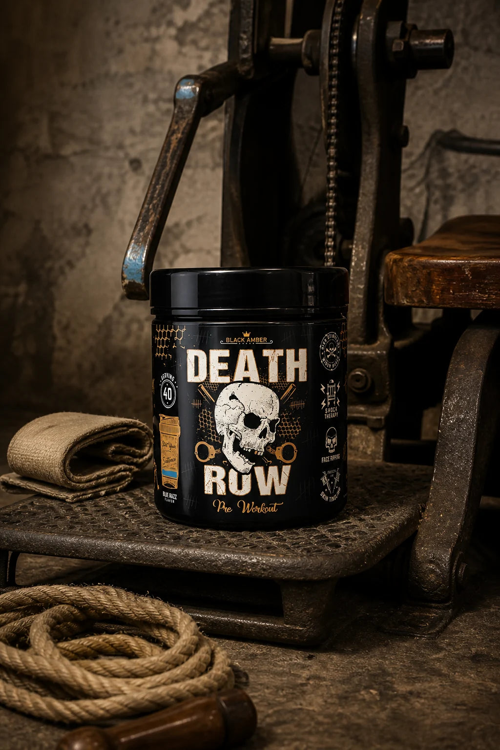 Black Amber Death Row Blue Razz tub on a worn rowing-machine platform beside a canvas strap