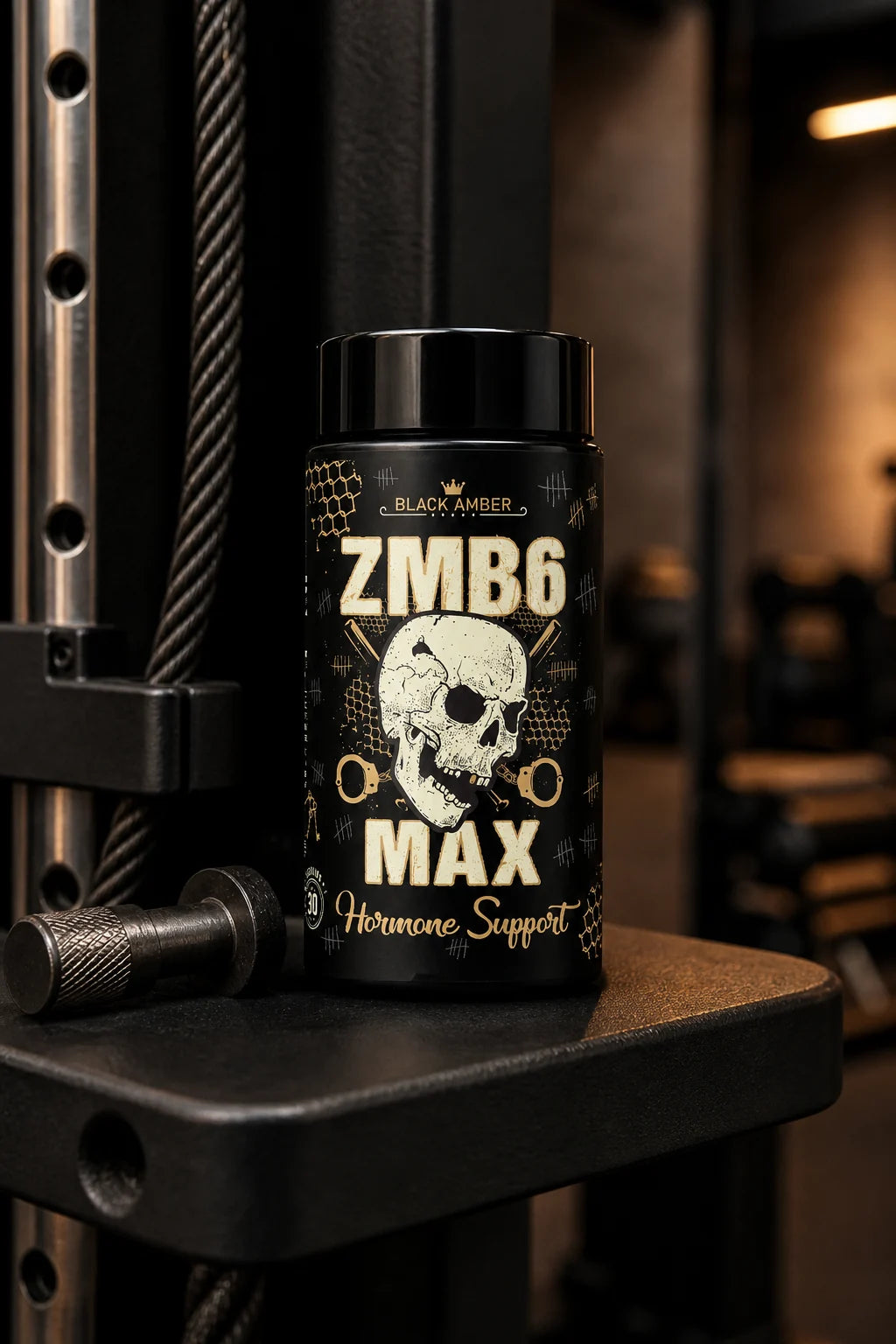 Black Amber ZMB6 Max bottle on a cable-machine ledge beside a training handle
