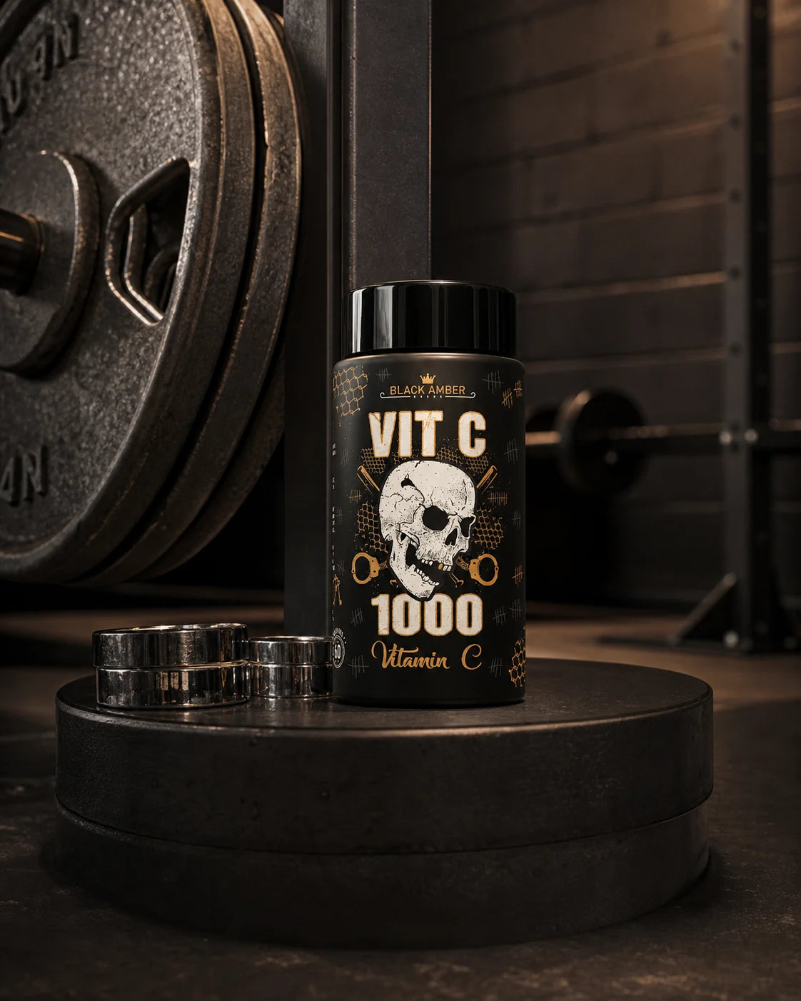 Black Amber Vitamin C 1000 bottle beside barbell collars and a weight-storage tree