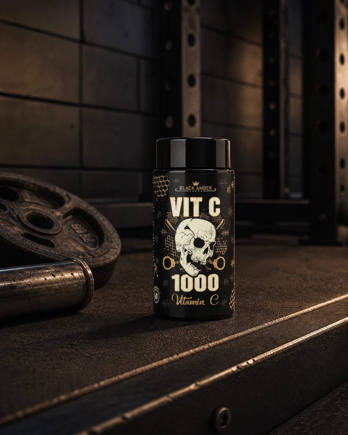 Black Amber Vitamin C 1000 bottle on a gym deadlift platform
