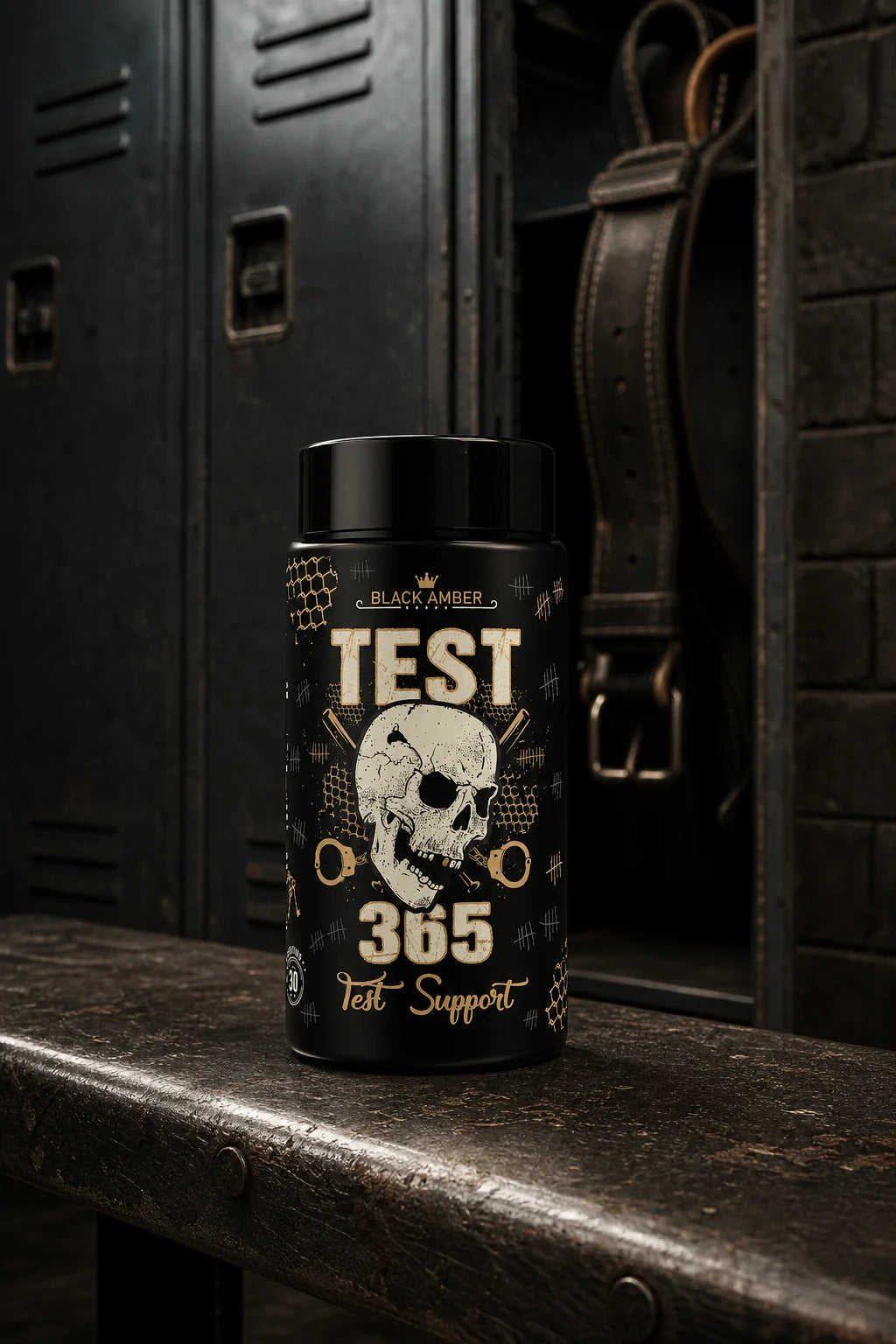 Black Amber Test 365 bottle on a worn gym bench in front of steel lockers