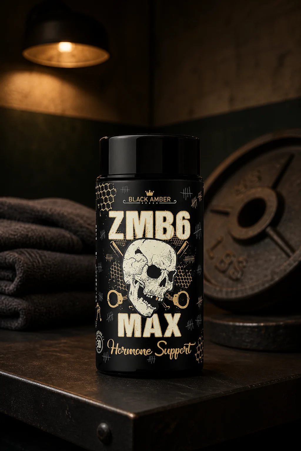 Black Amber ZMB6 Max bottle on a steel recovery-bay shelf beside a towel and iron weight plate