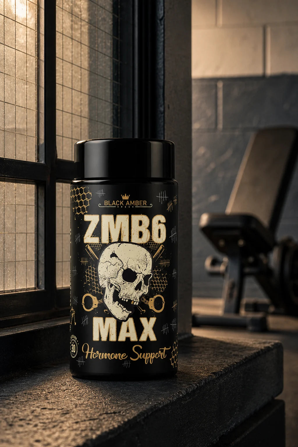 Black Amber ZMB6 Max bottle on a concrete gym windowsill in natural light