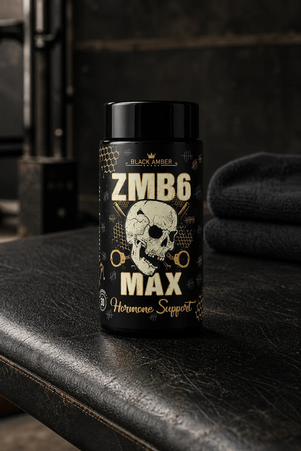 Black Amber ZMB6 Max bottle on a leather recovery bench beside a folded towel