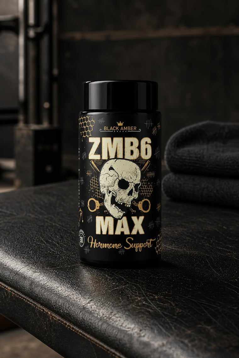 Black Amber ZMB6 Max bottle on a leather recovery bench beside a folded towel