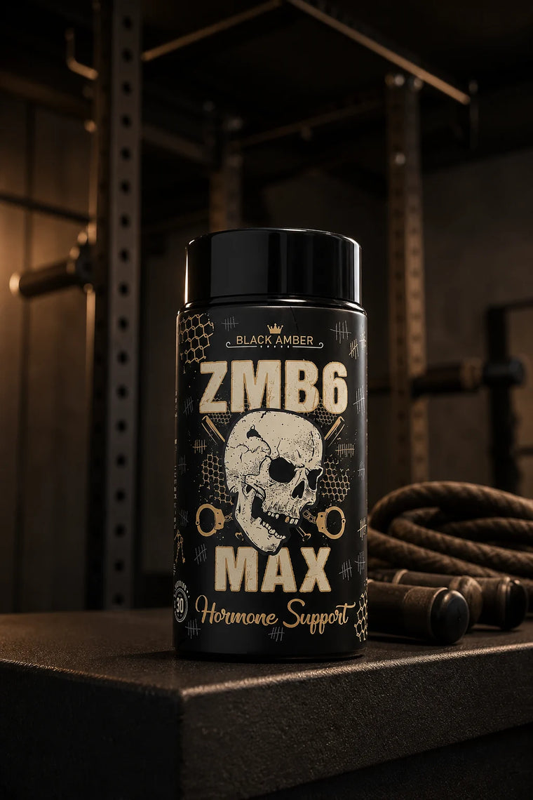 Black Amber ZMB6 Max bottle on a textured training mat beside coiled gym ropes