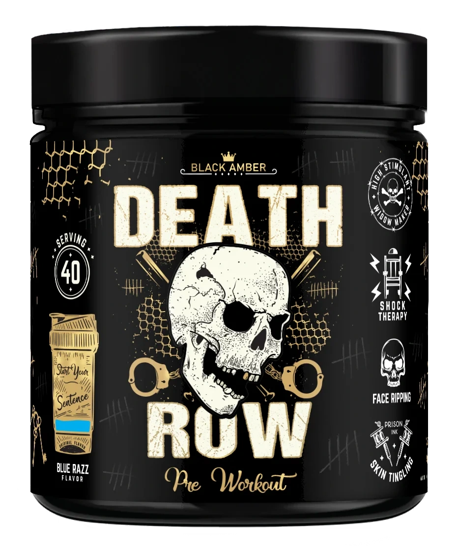 Black Amber Death Row high-stim pre-workout tub, Blue Razz flavour