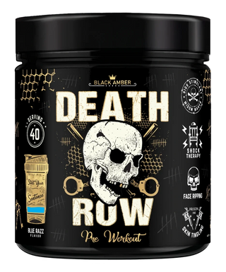 Black Amber Death Row high-stim pre-workout tub, Blue Razz flavour