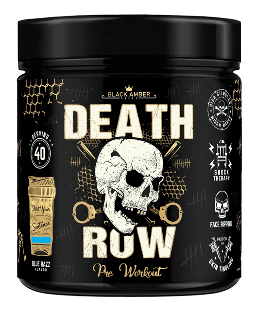 Black Amber Death Row high-stim pre-workout tub, Blue Razz flavour