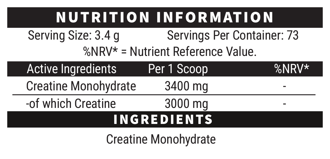 Black Amber Micronised Creatine Monohydrate official nutrition and ingredient label panel