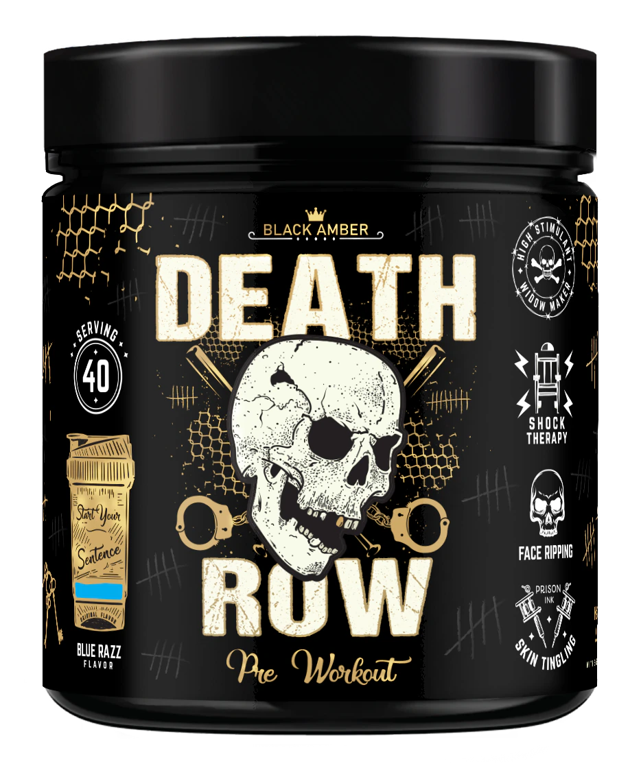 Black Amber Death Row high-stim pre-workout 420g tub, Blue Razz flavour