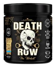 Black Amber Death Row high-stim pre-workout 420g tub, Blue Razz flavour