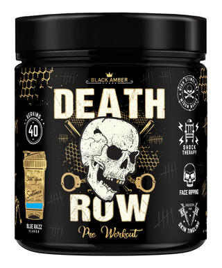 Black Amber Death Row high-stim pre-workout 420g tub, Blue Razz flavour