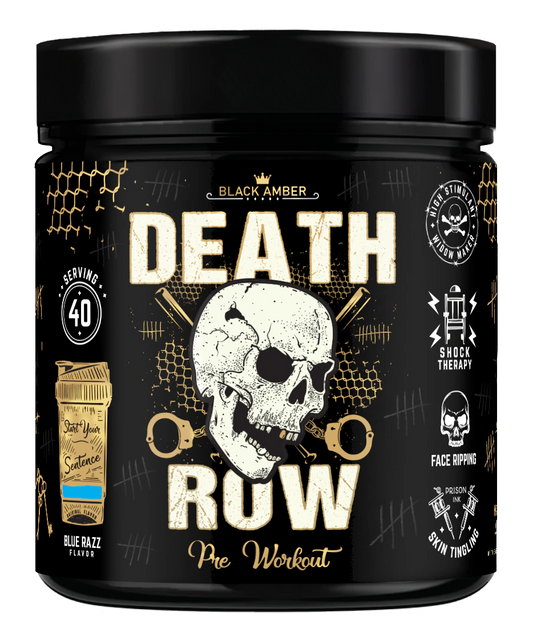Black Amber Death Row high-stim pre-workout 420g tub, Blue Razz flavour