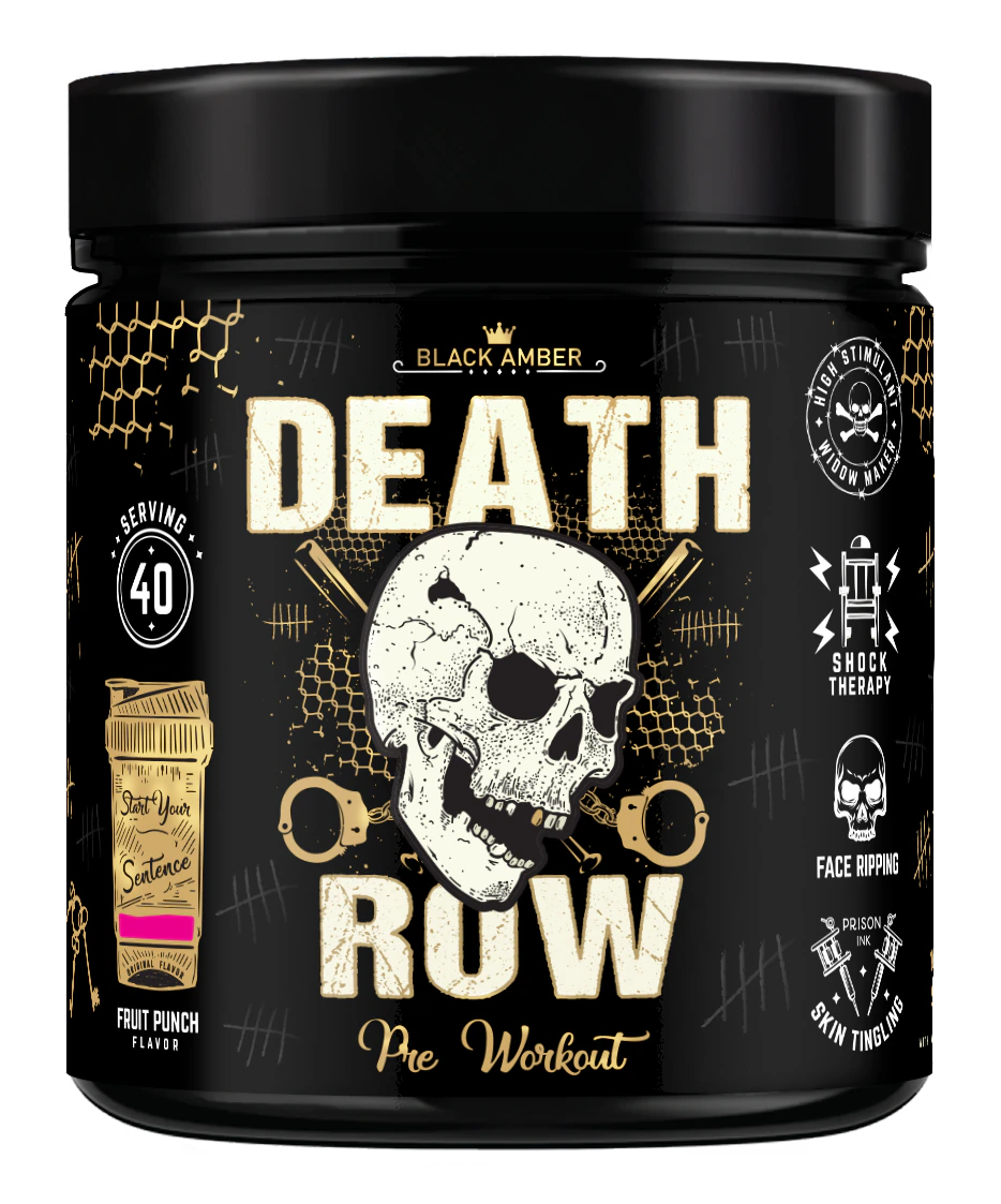 Black Amber Death Row high-stim pre-workout 420g tub, Fruit Punch flavour