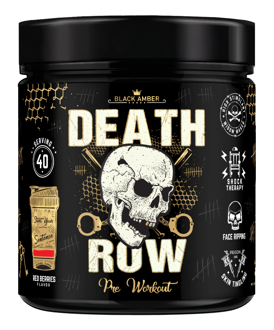 Black Amber Death Row high-stim pre-workout 420g tub, Red Berries flavour