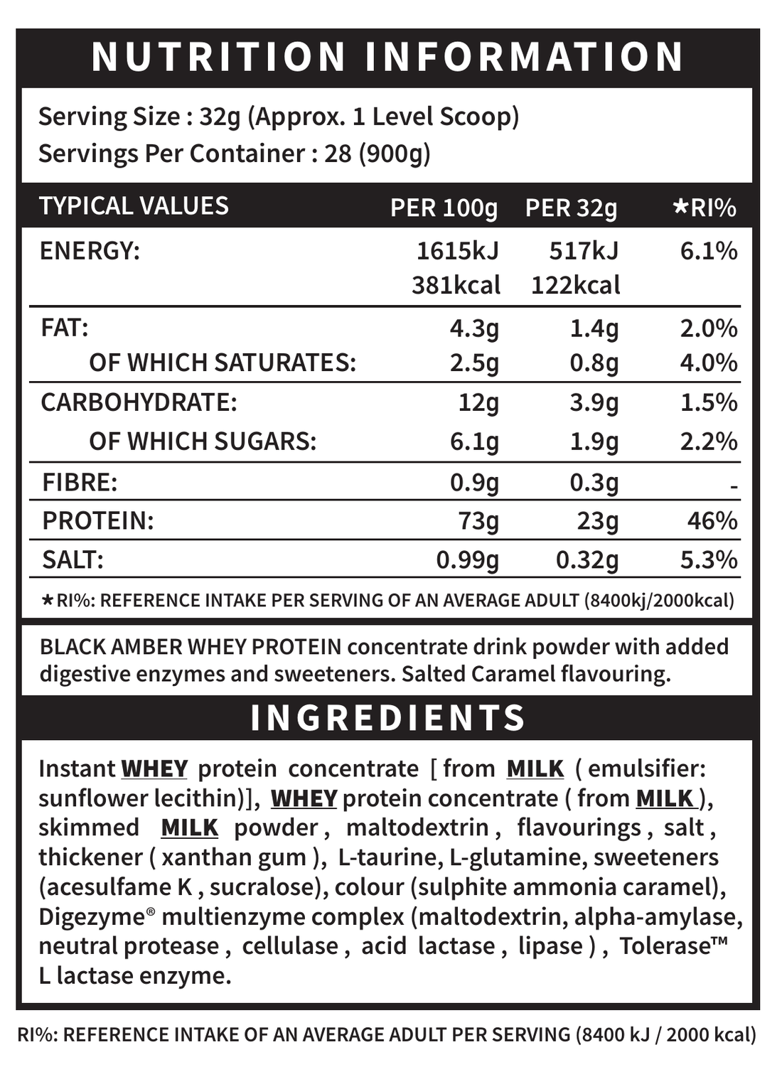Black Amber Whey Protein Salted Caramel official nutrition and ingredient label panel