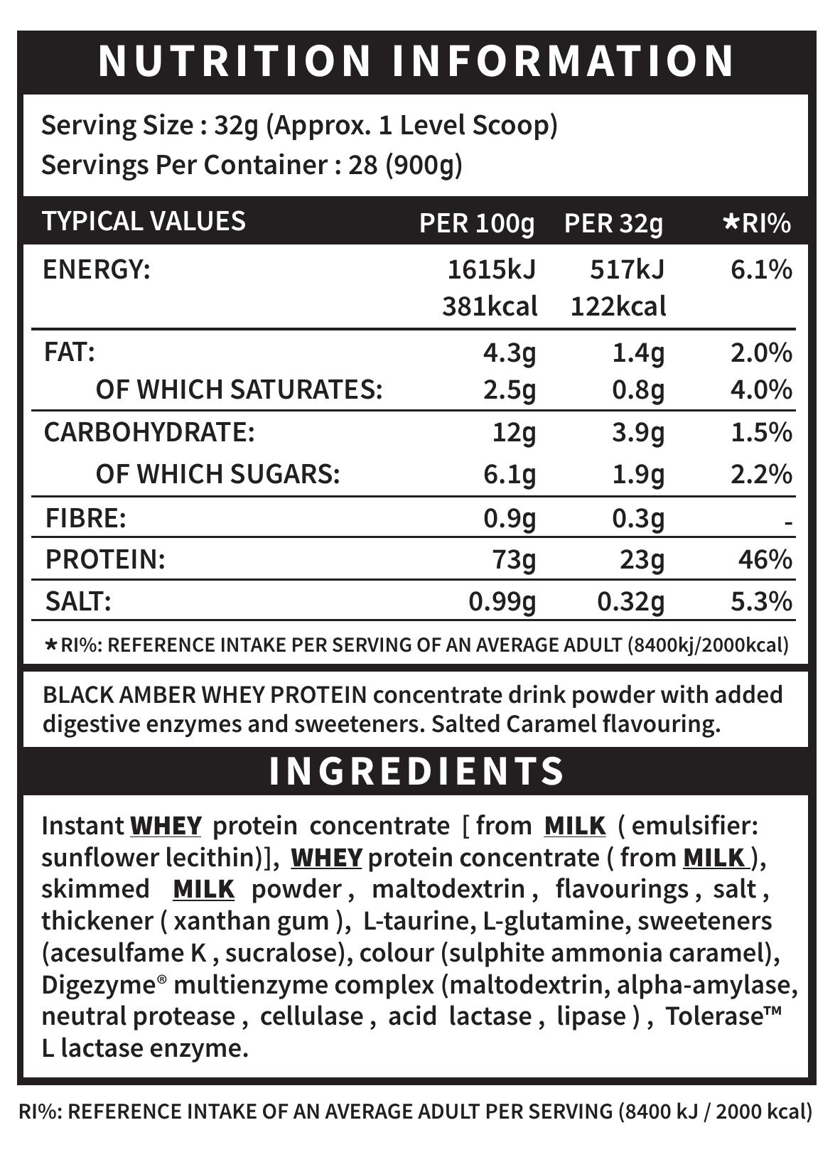 Black Amber Whey Protein Salted Caramel official nutrition and ingredient label panel