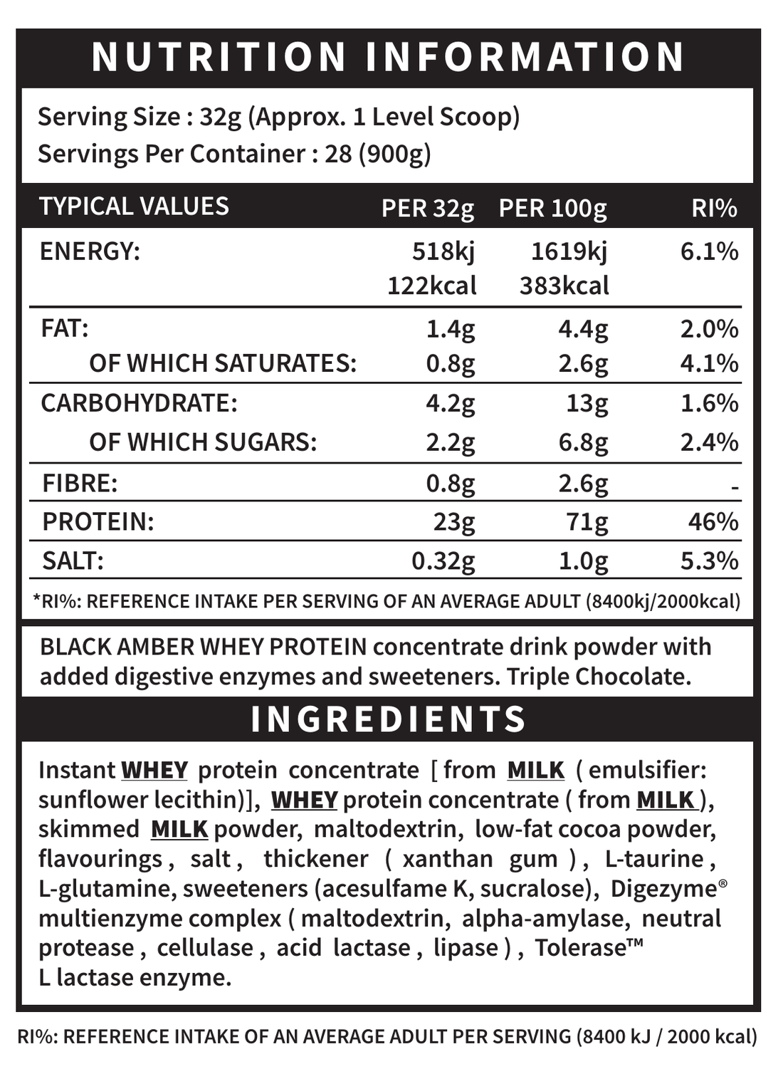 Black Amber Whey Protein Triple Chocolate official nutrition and ingredient label panel